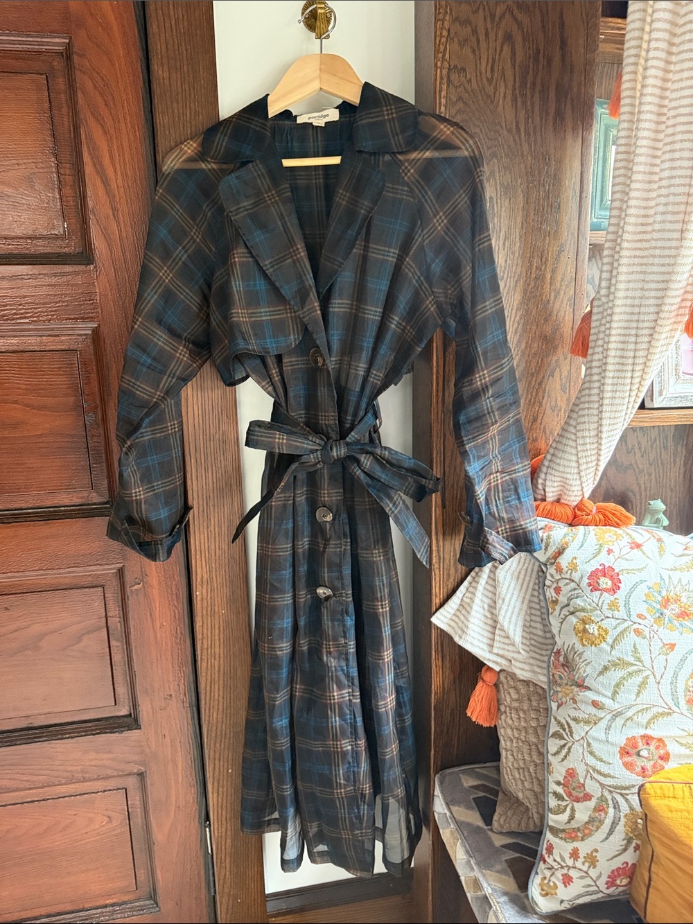 Plaid Trenchcoat with Self-Tie Belt in Dark Blue